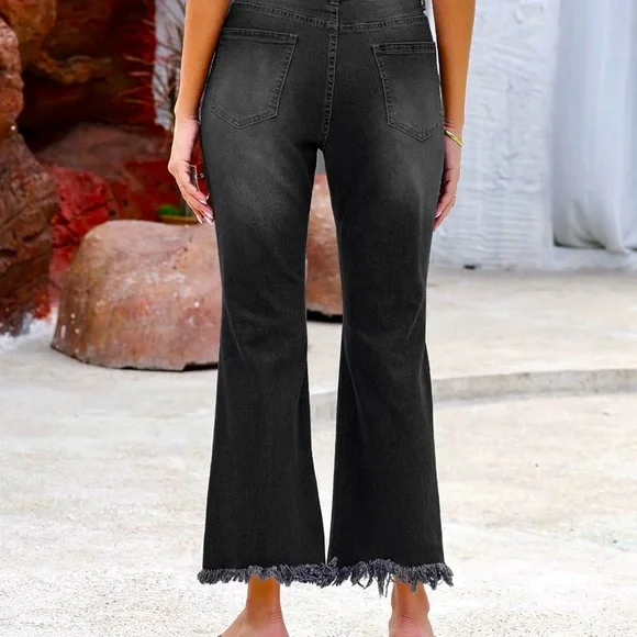 Like New XXL Crop Flare Jeans High Waist Rip Distressed Wide Leg Stretch Raw Hem - Picture 5 of 10